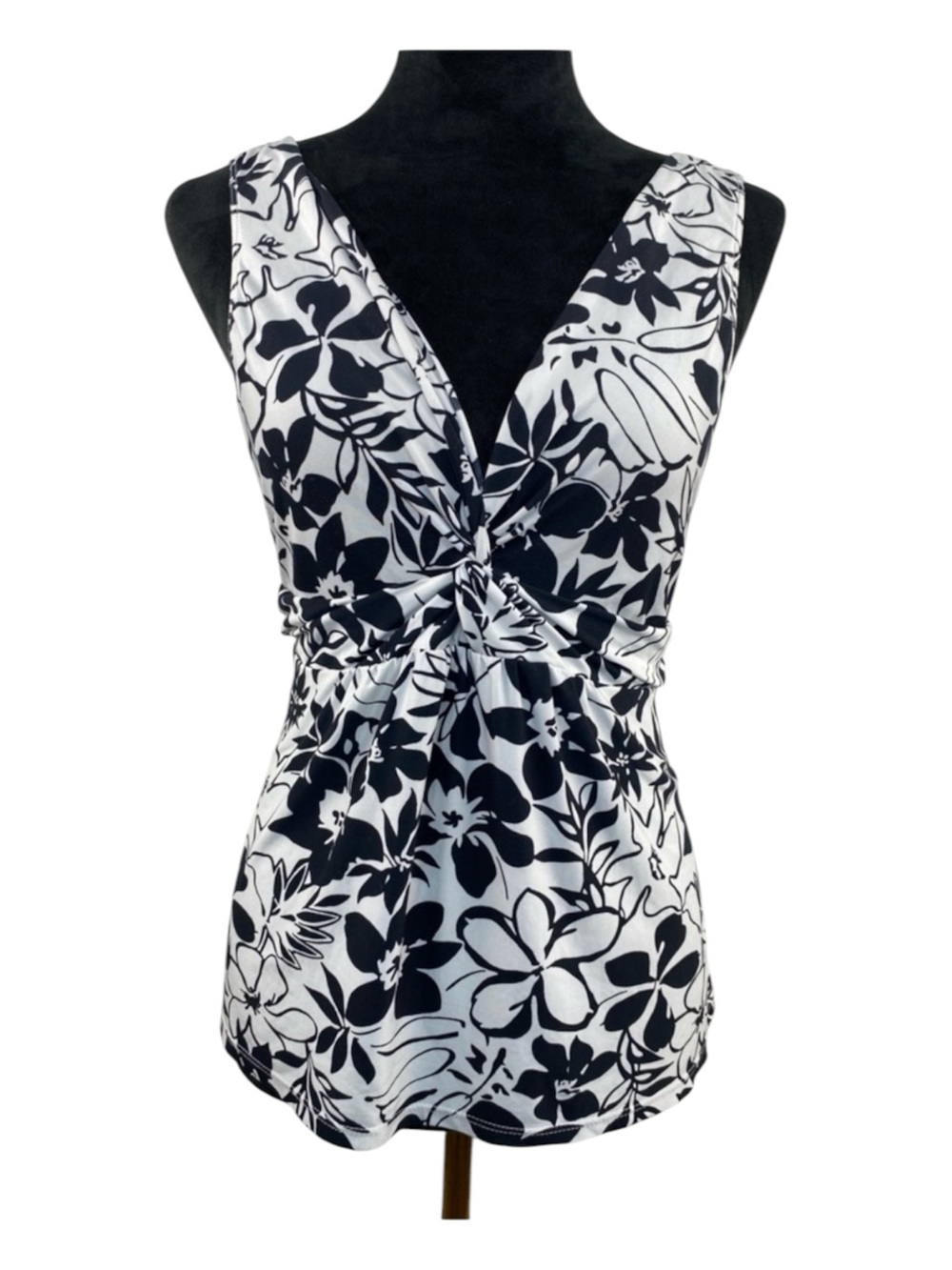 Y2K Linea Donatella Black White Floral Tank Top Twist Front Size L